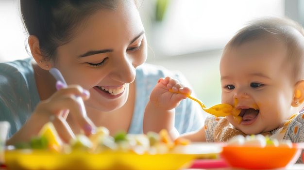 Maman et enfant mangeant des aliments