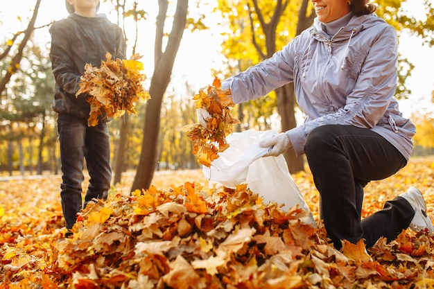 Photo maman et enfant nettoient les feuilles tombées dans le parc. une femme et un garçon cueillent du feuillage. paysage d'automne. militants de la protection de l'environnement.