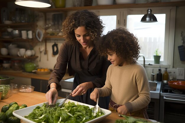 Maman et fille cuisinent ensemble dans une cuisine lumineuse.