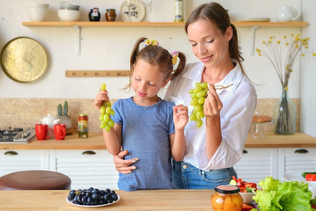 maman et fille heureuses cuisinent et prennent le petit déjeuner ensemble