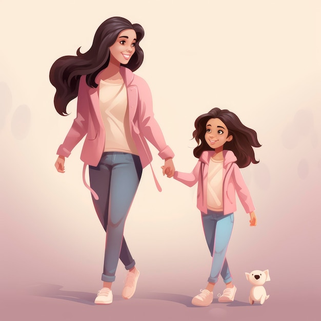 Maman et fille se tenant par la main dans le style des dessins animés