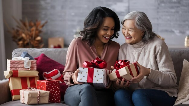 Maman et grand-mère avec des cadeaux