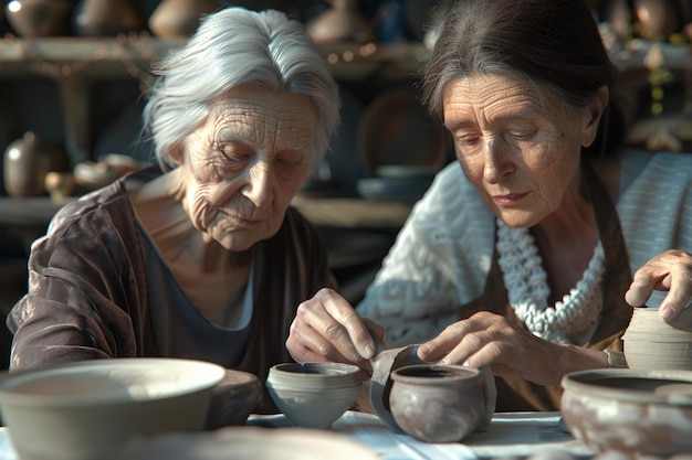 Photo maman et grand-mère à un cours de poterie