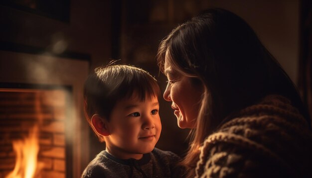 Photo une maman mignonne souriante embrassant un bébé, de l'amour, de la convivialité, du bonheur généré par l'ia.