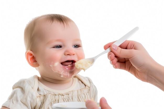 Photo maman nourrissant un bébé souriant avec du lait à la cuillère