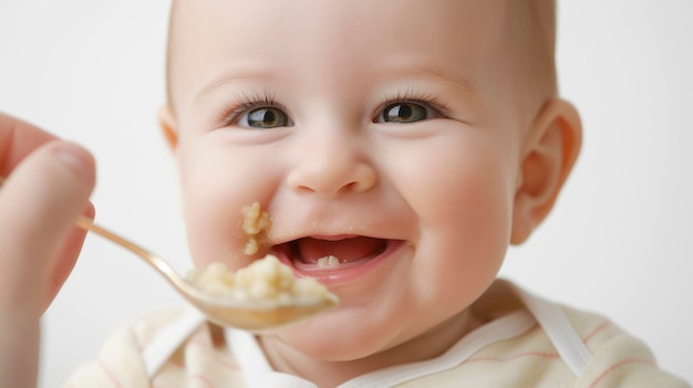 Photo maman nourrissant un bébé souriant avec du lait à la cuillère