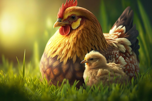 Maman poulet avec des poussins est assis et se prélasse au soleil sur l'herbe