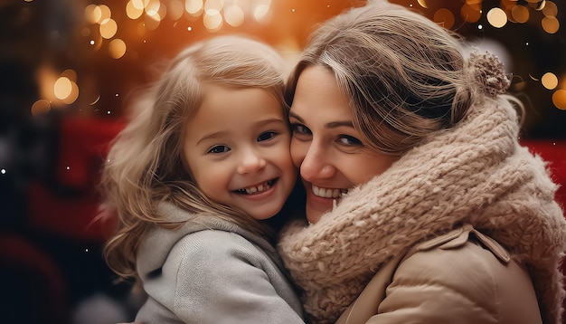 Maman serrant son enfant dans ses bras le soir du Nouvel An ou de Noël