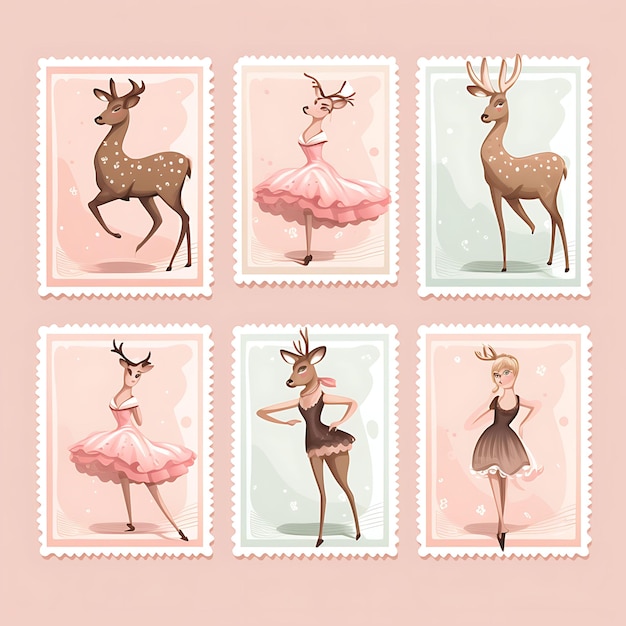 Un mammifère de cerf coloré avec un costume de ballerine exécutant gracieusement une idée de collection de timbres d'animaux Ba