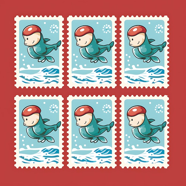 Photo un mammifère dauphin coloré avec une combinaison de sauveteur sautant de l'eau idée de collection de timbres d'animaux