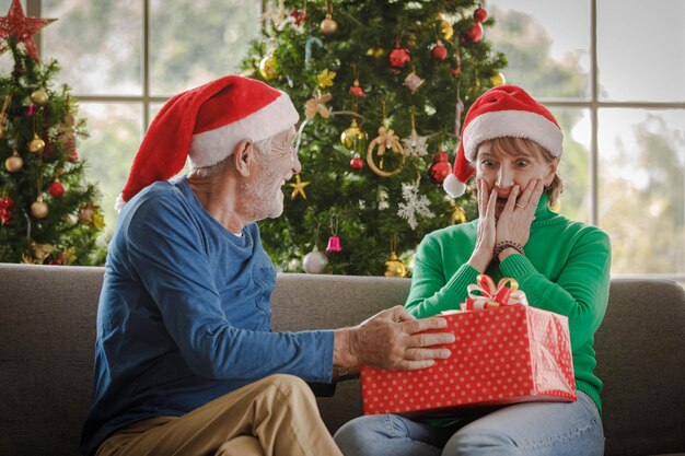 Man in Santa hat souriant et donnant un gros cadeau à une femme étonnée alors qu'il était assis sur un canapé et célébrant Noël ensemble