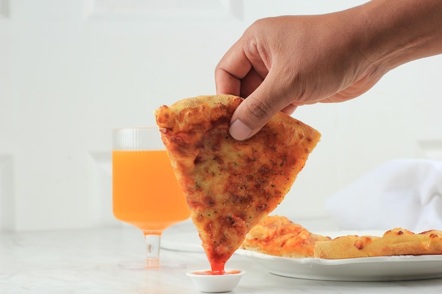 Man's Hand Dip Pizza to Chili Sauce, Concept Menu Book for Pizza Store