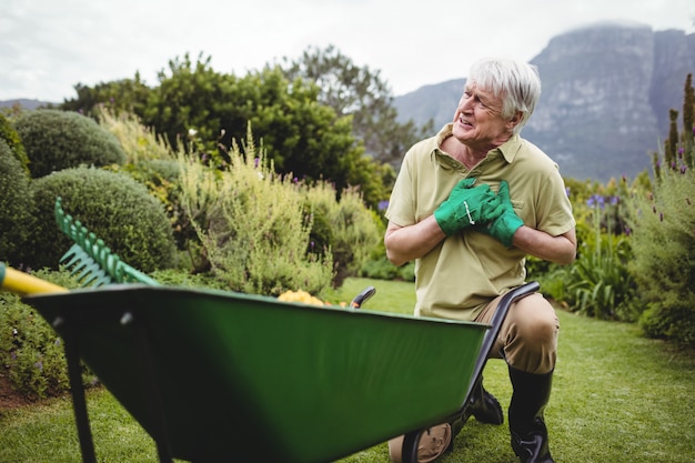 Man souffrant de douleur pendant le jardinage