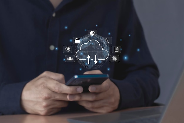 Man using smartphone with cloud computing concept