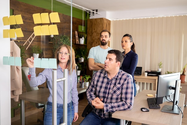 Manager expliquant à l'équipe la nouvelle stratégie d'entreprise sur une fenêtre avec des autocollants