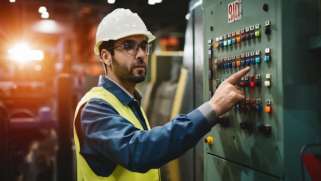 Manager d'usine masculin concentré opérant une machine industrielle en appuyant sur des boutons sur le panneau de commande