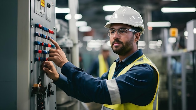 Manager d'usine masculin concentré opérant une machine industrielle en appuyant sur des boutons sur le panneau de commande