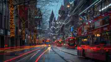 Photo manchester, angleterre, royaume-uni, 18 décembre 2021 traînées lumineuses à longue exposition de bus et d'autres véhicules en mouvement sur portland street dans la dernière période avant noël