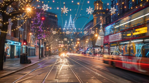Manchester, Angleterre, Royaume-Uni, 18 décembre 2021 Traînées lumineuses à longue exposition de bus et d'autres véhicules en mouvement sur Portland Street dans la dernière période avant Noël