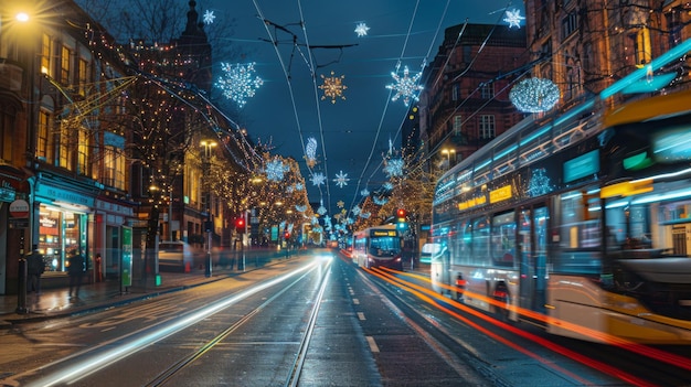 Photo manchester, angleterre, royaume-uni, 18 décembre 2021 traînées lumineuses à longue exposition de bus et d'autres véhicules en mouvement sur portland street dans la dernière période avant noël