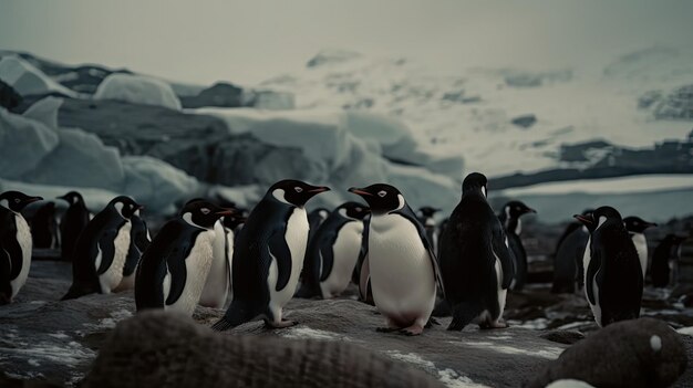 Manchots sur un rocher en Antarctique