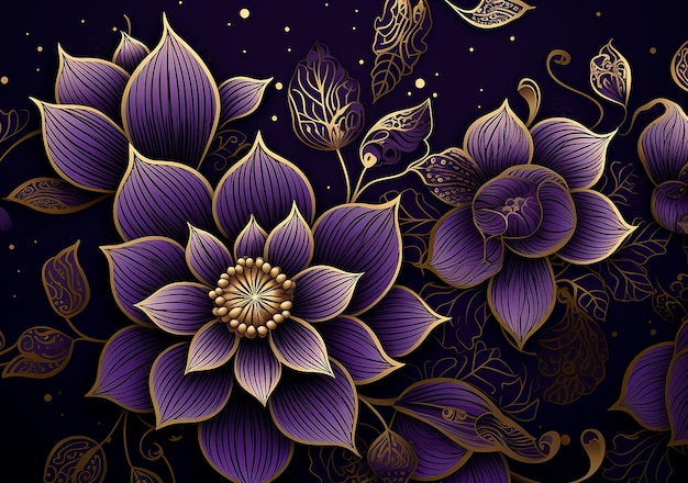 Mandala Art Un Design Indien Fleurs Dorées Sur Fond Violet Avec
