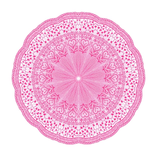 Mandala au crayon dessiné à la main Dentelle ronde rose Motif de la Saint-Valentin