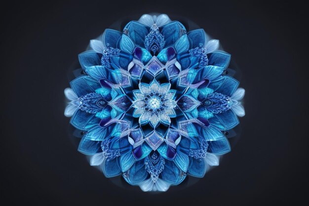 Photo mandala bleu fleur concentrique centre caléidoscope isolé sur fond sombre modèle de conception artistique