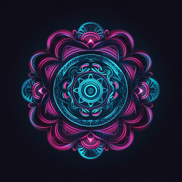 Photo un mandala bleu fluo et rose avec une fleur au centre.