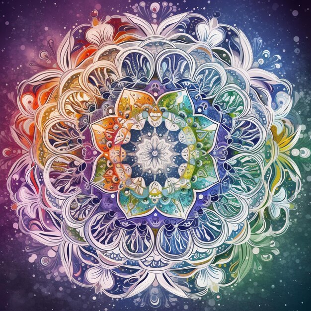 Un mandala coloré avec le mot chakra dessus.