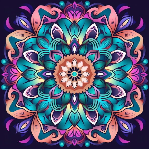 Un mandala coloré avec un motif de fleurs en bas.