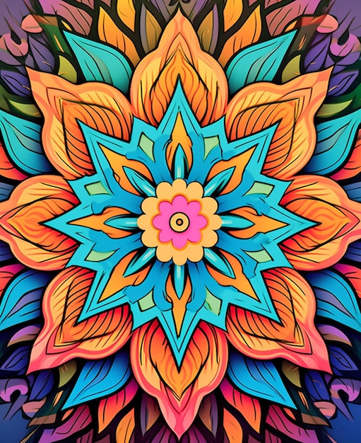 Un mandala coloré avec un motif de fleurs.