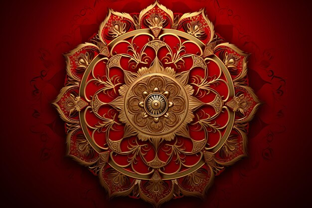 Mandala doré décoratif sur fond rouge