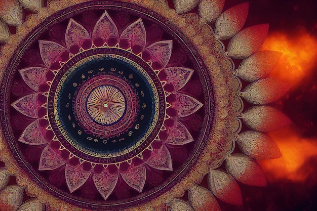 Mandala du festival Diwali léger hindou indien sur fond sombre