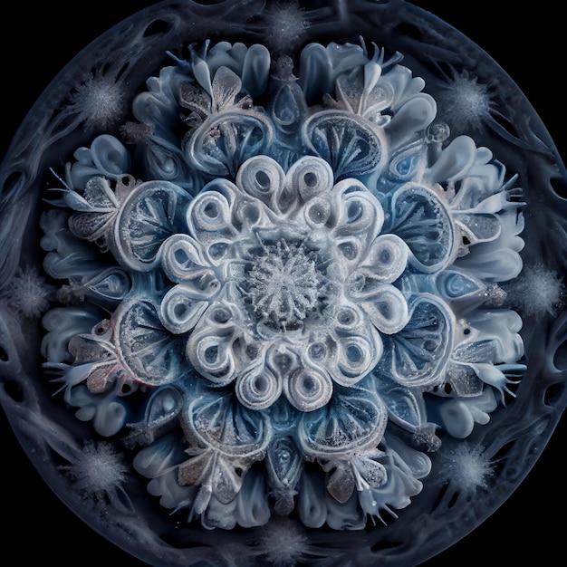 Mandala fantastique fait de glace dans la neige rendu 3d