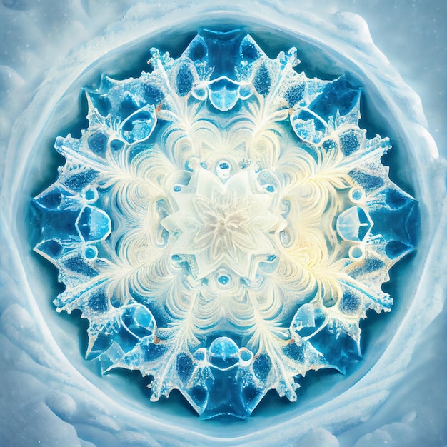 Mandala fantastique fait de glace dans la neige rendu 3d