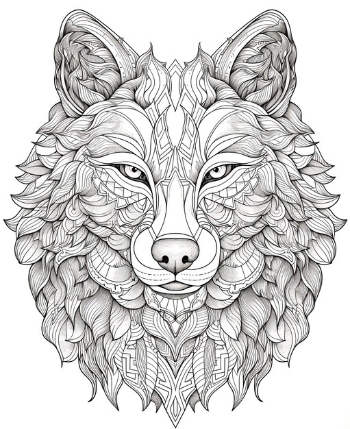 Mandala illustration en noir et blanc pour colorer les animaux loup mise au point douce sélective