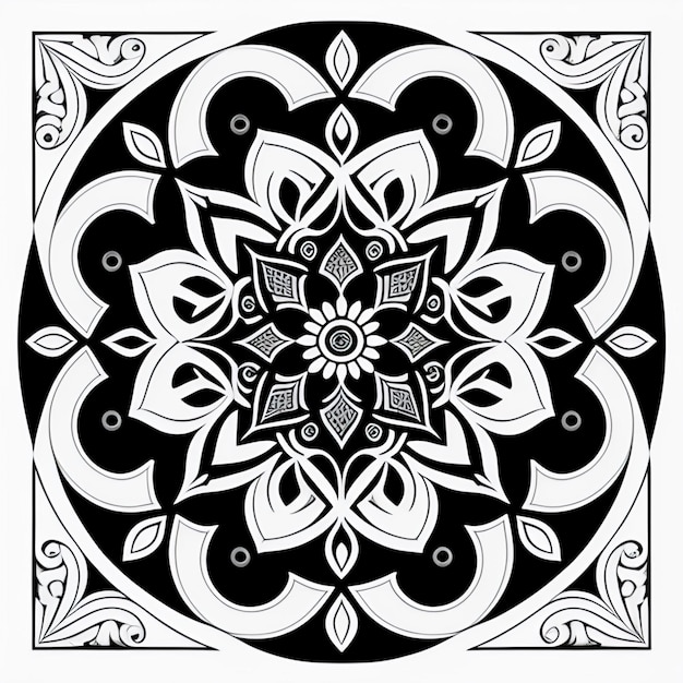 Mandalas carrés pour livre de coloriage, détails complexes, lignes claires et épurées, lignes d'encre noir et blanc