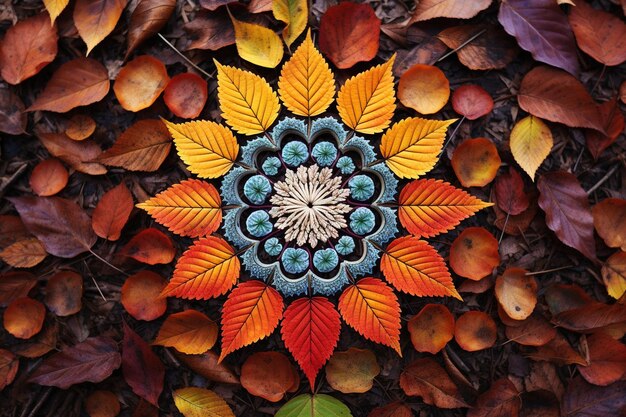 Photo des mandalas complexes faits de feuilles d'automne colorées