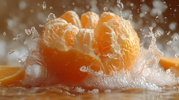 Une mandarine fraîche éclaboussée dans l'eau sur une surface en bois, des couleurs vives, un gros plan pour la publicité de la fraîcheur des agrumes, a capturé une image dynamique et rafraîchissante parfaite pour les thèmes de la santé.