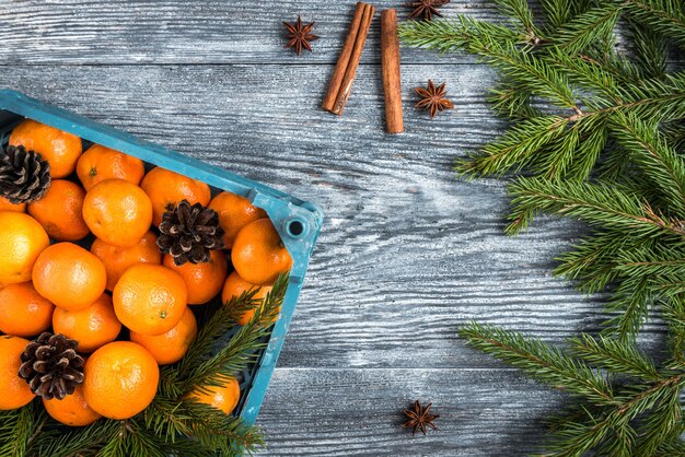 Mandarines sur bois avec des branches de sapin de Noël