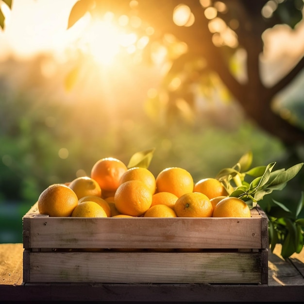 Des mandarines dans une boîte en bois sur une table en bois contre le fond du soleil