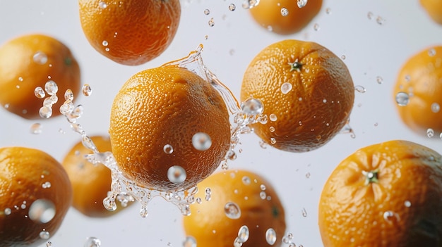 Des mandarines dans l'eau sur un fond blanc