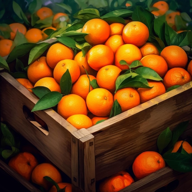 Mandarines avec des feuilles dans une boîte en bois Fond de mandarine