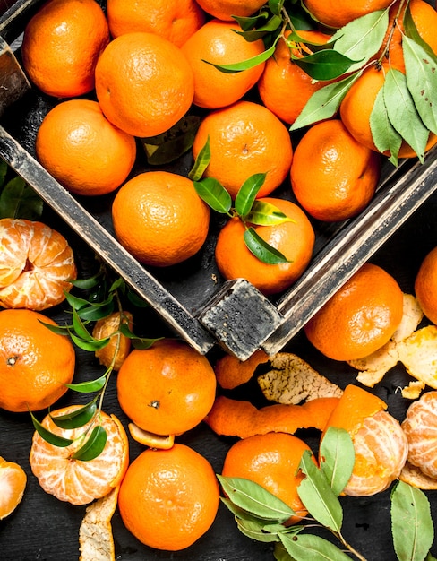 Mandarines fraîches dans une boîte sur tableau noir.