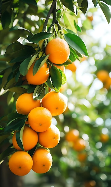 Des mandarines mûres sur l'arbre à la lumière du soleil