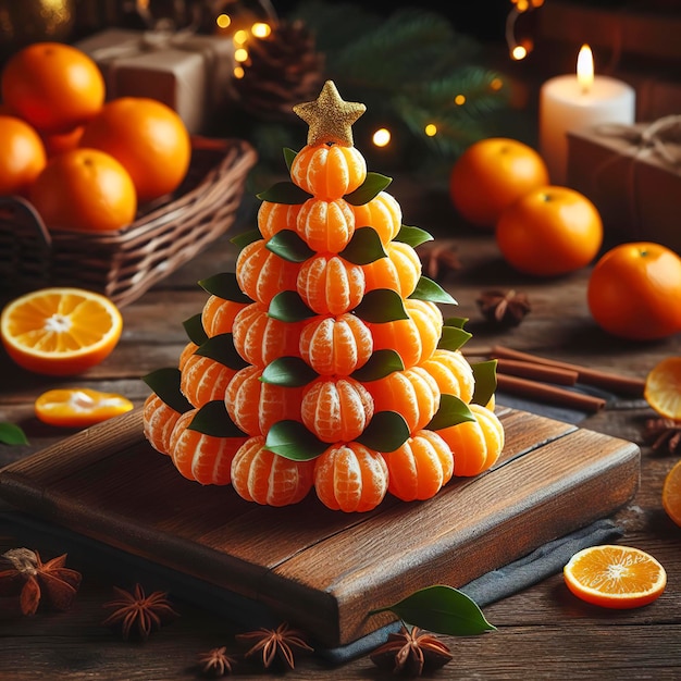 mandarines pliées sur une table en forme d'arbre de Noël avec des décorations sur une table de bois
