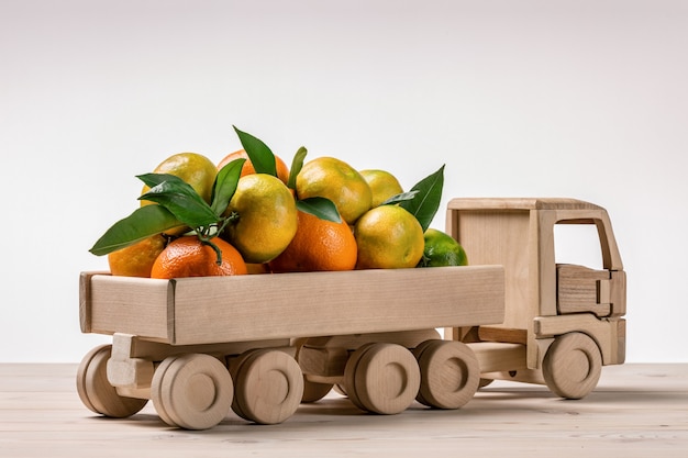 Mandarins à l'arrière du camion jouet.