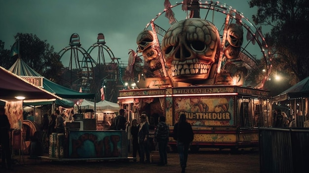 Un manège de carnaval la nuit avec un crâne sur le dessus.