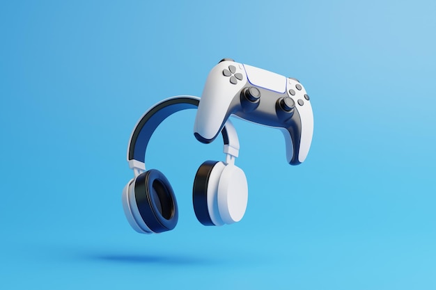 Manette de jeu volante et casque sur fond bleu avec espace de copie Joystick pour le rendu 3D du jeu vidéo